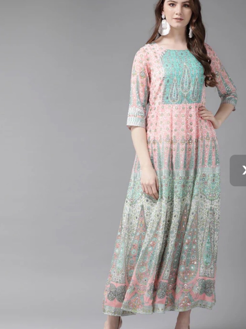 Peach & Mint Printed Maxi Dress with Embellished Bodice